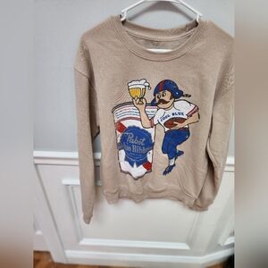 Tan Sweatshirt with Pabst Blue Ribbon Graphic